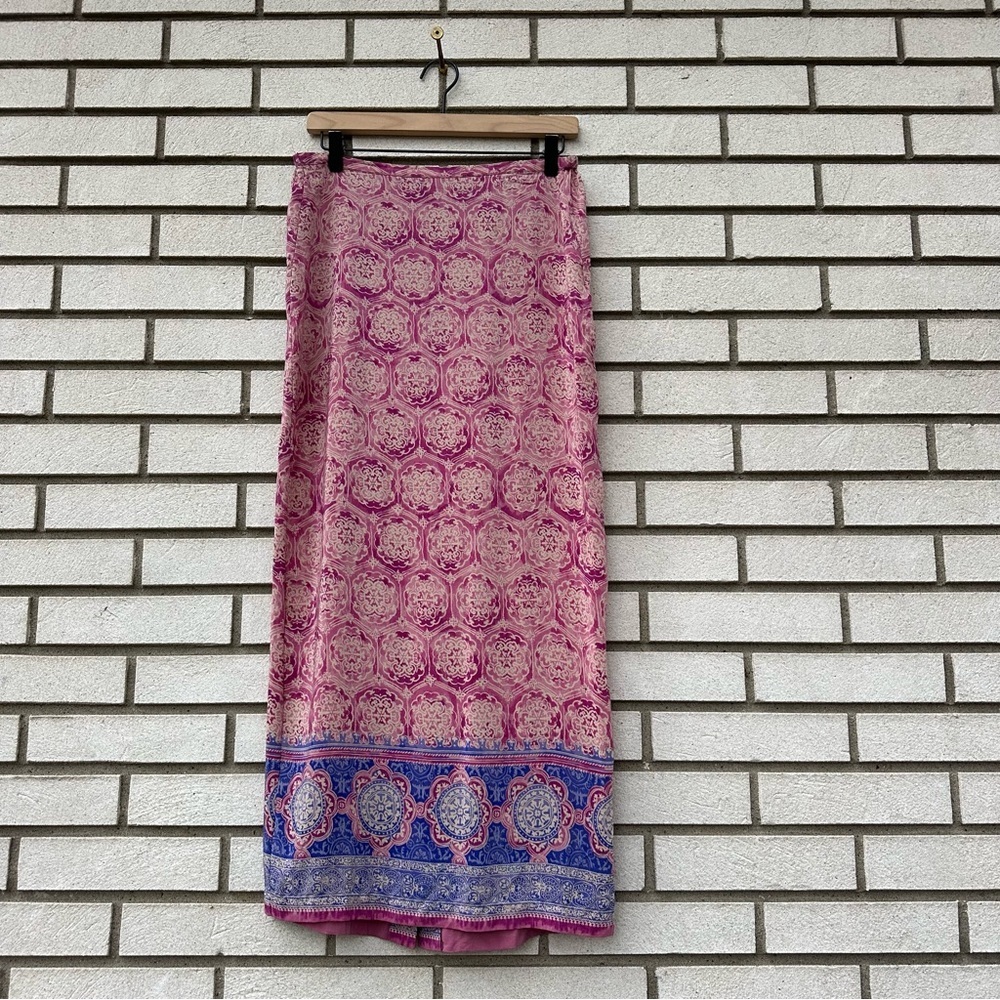 Amanda Smith Pure Silk Burnout Maxi Skirt Boho Border Pink Blue 8 Festival